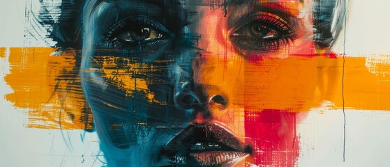 Poster - A woman's face is painted with a blue and orange stripe