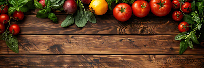 Poster - Vegetables and fruits on the lower right side, flat lay on a wooden table, minimalist