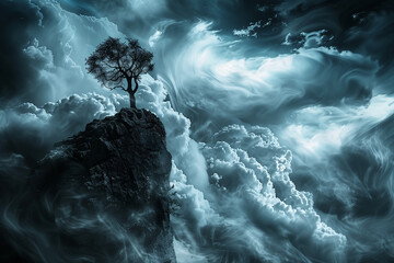 Wall Mural - Surreal fantasy, a tree on top of the mountain surrounded by swirling clouds and a dark stormy sky, ethereal and dreamlike atmosphere, soft focus photography, a wide-angle lens shot, high resolution, 