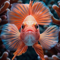 Wall Mural - A mesmerizing close-up photograph of a vibrant and colorful fish with elaborate fins swimming among coral in a tranquil underwater environment