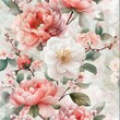 © THINNAKORN - Elegant watercolor floral pattern, featuring peonies and cherry blossoms in soft shades of pink and white, with delicate green leaves