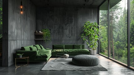 modern architecture. dark clean loft interior. gray concrete walls, green furniture elements