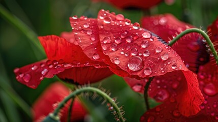 Sticker - Close up of raindrops on red poppy petals and green grass