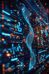 Wall Mural - a glowing digital dna strand displayed on a high-tech interface with various data points and graphs,