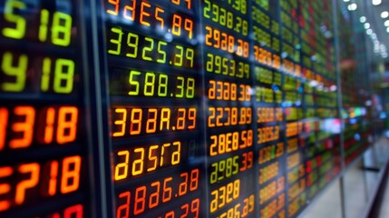 Aufkleber - Digital display board at a stock exchange showing real-time stock market prices and trends.