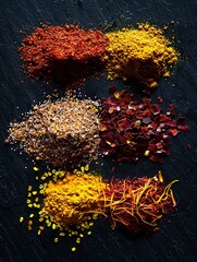 Wall Mural - An assortment of colorful spices, including saffron, curry powder, and annatto, arranged on a black slate surface.