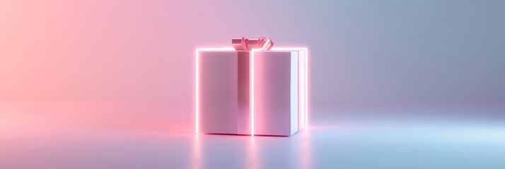 Sticker - Glowing gift box with neon light effect on light pastel background