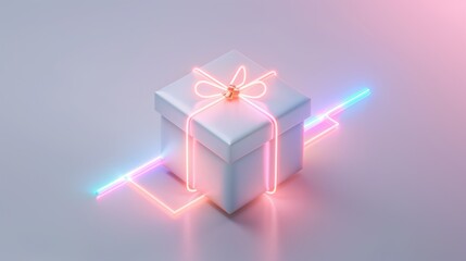 Sticker - Glowing gift box with neon light effect on light pastel background