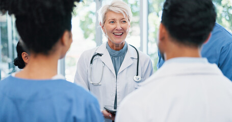 Canvas Print - Discussion, team and doctor with nurses in hospital for collaboration on medical diagnosis. Meeting, conversation and healthcare mentor with cardiology students for feedback on internship in clinic.