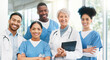 © HockleyM1/peopleimages.com - Happy people, portrait or doctor with team in confidence for healthcare, support or trust at hospital. Group of medical employees with smile for health advice, about us or emergency service at clinic