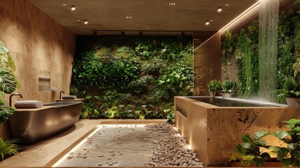 Spa reception area adorned with aromatic herb walls and water features.