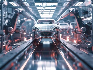 Wall Mural - futuristic car assembly line with sleek robotic arms shimmering metallic surfaces hightech machinery dynamic industrial scene showcasing automated manufacturing