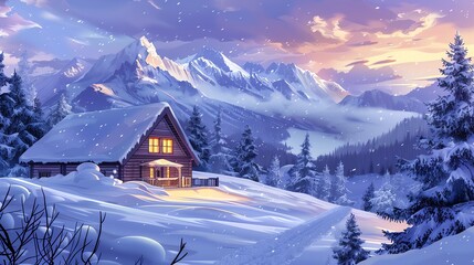 Poster - A cartoon illustration of a wintery scene with a cabin and snow-capped mountains.