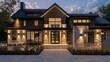 © Rasheed - modern suburban farmhouse with a blend of stone and wood, featuring a large, inviting front door and soft landscape lighting