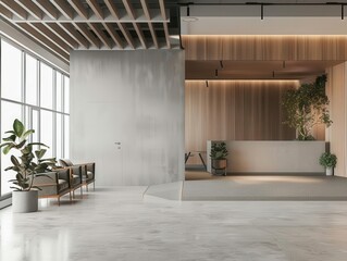 Wall Mural - minimalist office interior with a focal blank grey partition wall clean lines concrete flooring and warm wooden accents create a modern professional atmosphere perfect for customizable branding