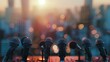 © TensorSpark - Microphones set up on a table with a cityscape background, ready for a press conference or media event. The scene is perfect for conveying themes of communication, journalism, and public speaking.