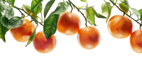 Wall Mural - A row of ripe, bright orange fruits hanging from a branch with glossy green leaves isolated on transparent or white background