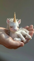 Sticker - A person holding a small white animal with a gold horn on it's head