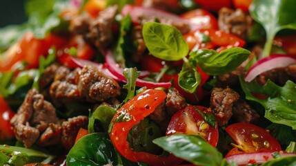 Poster - A close up of a salad with meat and tomatoes