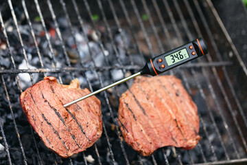 Close-up shot of grilled steak on barbecue with digital thermometer showing temperature in Celsius below the safe cooking threshold for beef meat - signaling a potential risk of foodborne illness