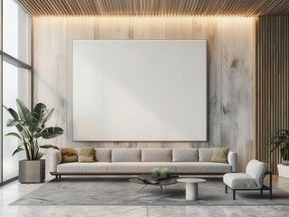 Canvas Print - sleek office lobby featuring a stark white canvas poster mockup on a minimalist wall emphasizing negative space and modern corporate aesthetics 3d rendered