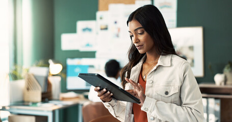 Poster - Work, research and woman with tablet in office for communication, brainstorming or information. Web design, creative and person with tech in planning for digital portfolio, project or ux development
