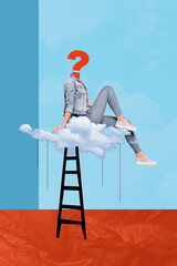 Sticker - Vertical collage young headless woman sit dream clouds ladder question mark dilemma brainstorm find answer solution drawing background