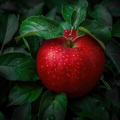 Wall Mural - A Dew-Kissed Apple Among Lush Green Leaves