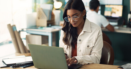 Poster - Glasses, communication and woman with laptop in office for project plan, information and update. Creative, person and web design with tech at desk for digital portfolio, research and ux development