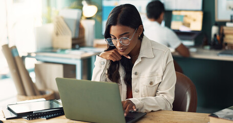 Poster - Office, work and woman with laptop in thinking for research idea, brainstorming and information. Web design, creative and person with tech in planning for digital portfolio, development or ux project