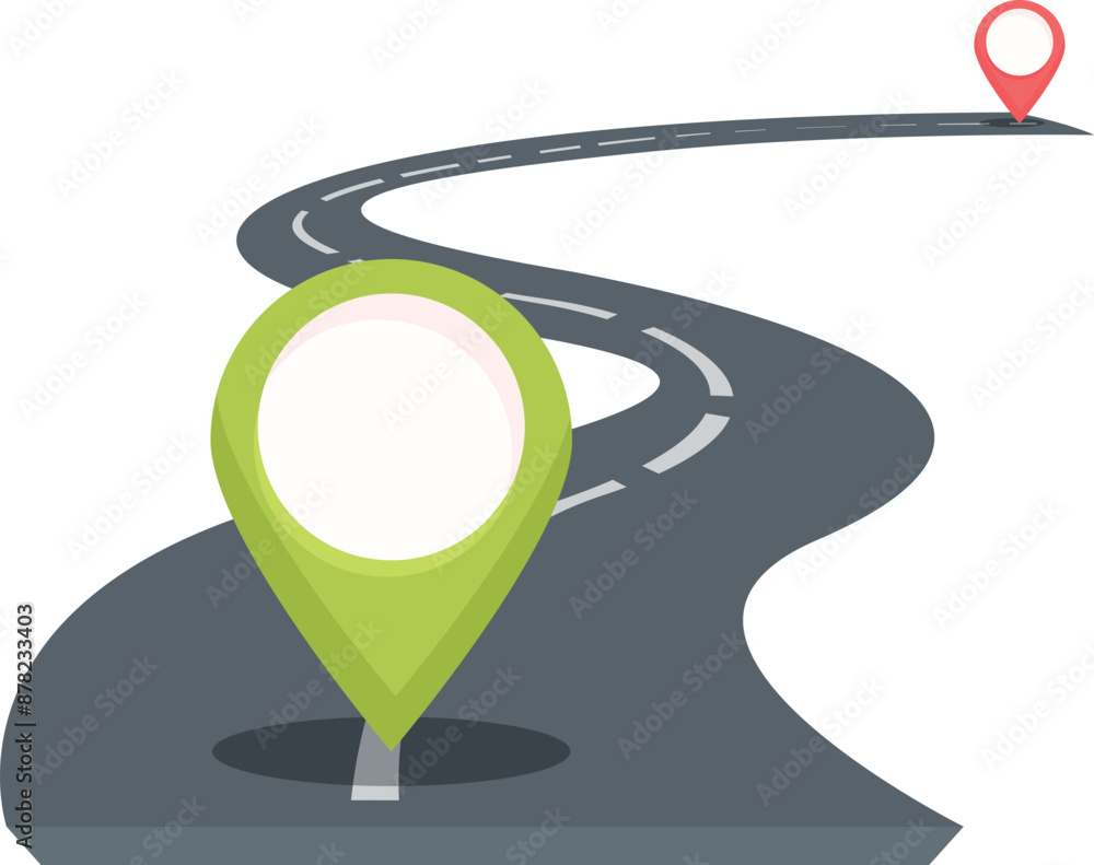 Winding road is leading to a destination marked with a location pin ...