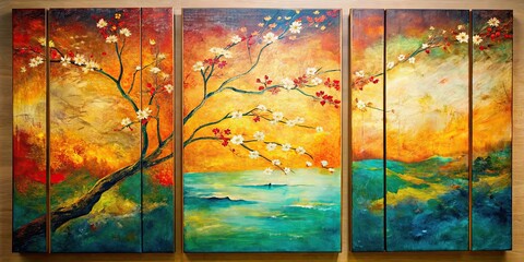 Poster - Abstract triptych Japanese nihonga painting with unique texture and acrylic medium , art, triptych, Japanese, nihonga