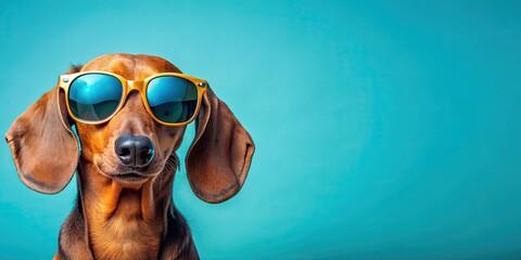 Canvas Print - Funny dachshund wearing sunglasses on blue background, summer vibes, cute, dachshund, sunglasses, funny, blue background, summer