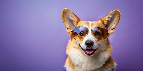 Canvas Print - Funny cute corgi wearing sunglasses with a summer minimalism vibe on a violet background, corgi, sunglasses, cute, funny