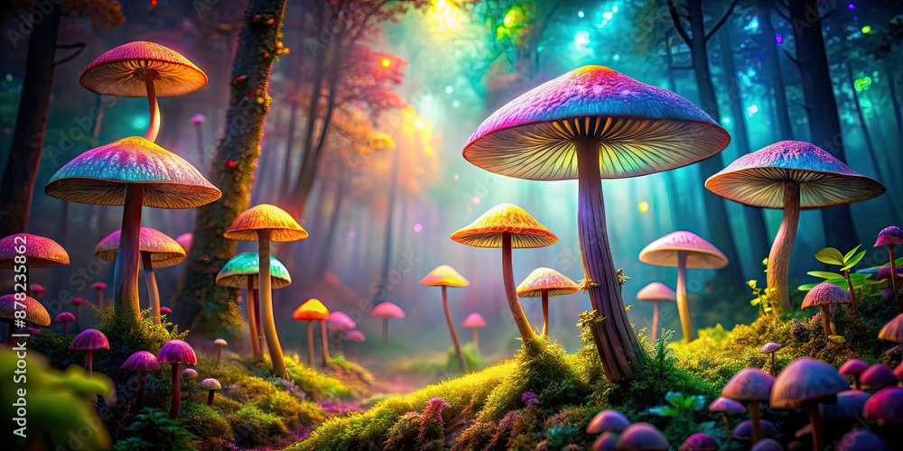 Enchanting image of glowing mushrooms in a mystical forest surrounded ...