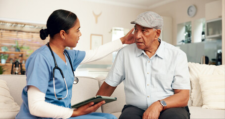 Wall Mural - Elderly care, nurse and senior man on sofa for consultation, routine check up and diagnosis in living room. Female carer, retired patient and assessment on couch for healthcare, wellbeing or medicare