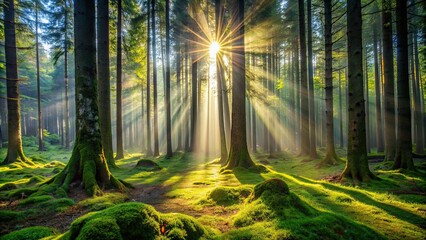 Poster - Magic morning sunlight filtering through trees in a lush mossy forest landscape , enchanting, mystical, serene, tranquil