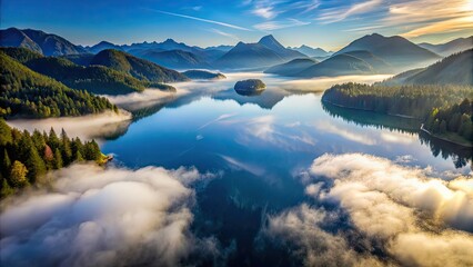 Sticker - Aerial shot over misty mountain lake reflecting the surrounding landscape, mountain, lake, reflection, water, misty, aerial