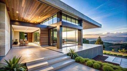 Poster - Luxurious entrance of a modern house with a panoramic view of the outdoor landscape under a clear blue sky, luxury