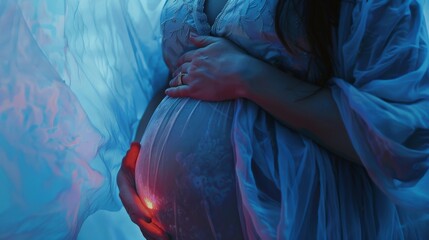 Wall Mural - side view of pregnant woman at night with her hand on chest, under a thin silk blanket, in a blue color scheme, mysterious, spiritual, dark, in a nature setting