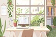 © Jennie Pavl - A peaceful workspace with a stunning garden view, perfect for productivity and relaxation. The illustration features a comfortable desk, chair, and lush greenery.