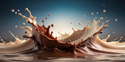 Wall Mural - Milk and chocolate sea splashes and waves , beach, ocean, waves, splashes, chocolate milk, dairy, refreshment, dessert