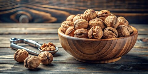 A bowl filled with walnuts and a nutcracker for cracking them open, walnuts, nutcracker, bowl, cracked, shells, snack, healthy, organic