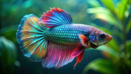 Sticker - Multicolored exotic betta fish with blue green scales, exotic, betta fish, multicolored, vibrant, colors, aqua, underwater