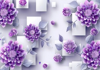 3d wallpaper background vector luxury purple and white with square box pattern, chrysanthemum flower