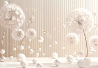 3d wallpaper with beige vertical striped background, flying white spheres and dandelions