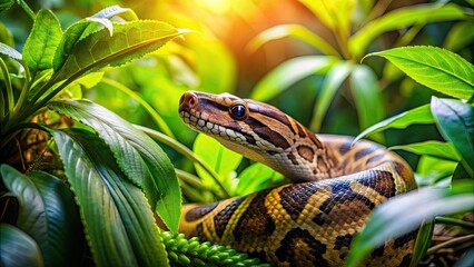 Sticker - Python snake crawling through lush jungle foliage, python, snake, jungle, wildlife, nature, reptile, tropical, exotic