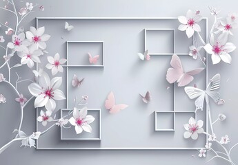 3d wallpaper with white flowers and geometric square frame on grey background