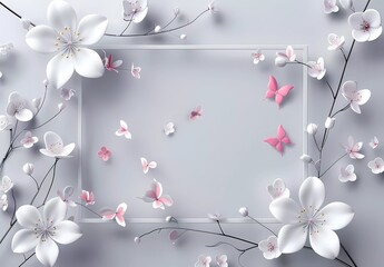 3d wallpaper with white flowers and geometric square frame on grey background