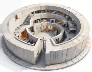 modern architectural design, featuring a circular building with multiple levels and rooms, each with its own unique layout, and there are stairs leading up to the upper levels.